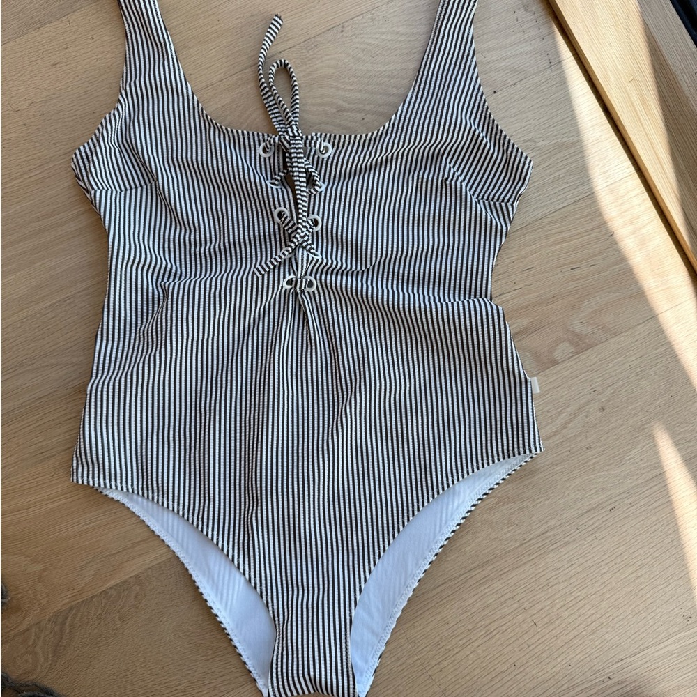 Ganni Brown and White Striped One-Piece Swimsuit